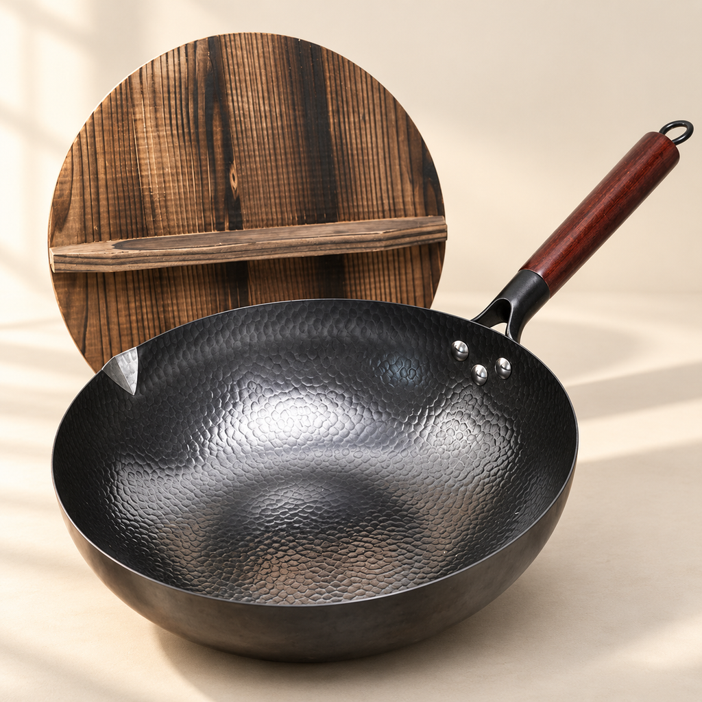 Couvercle en bois présenté avec le wok martelé à la main Hammerwok